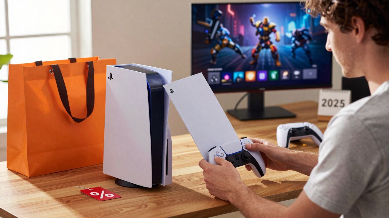 Jeune homme déballant une console PlayStation 5 devant un écran de jeu vidéo au bureau.