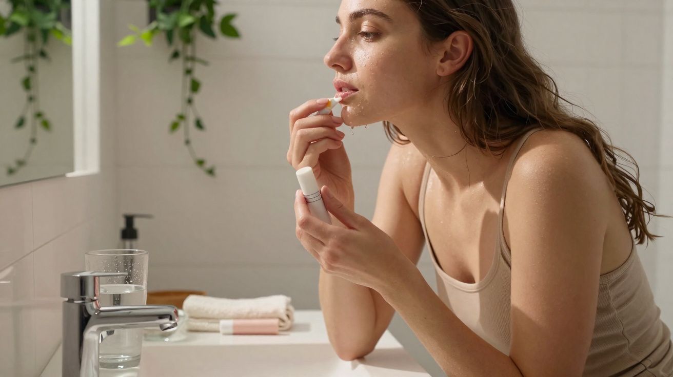 Femme appliquant du baume à lèvres devant un lavabo dans une salle de bains lumineuse.