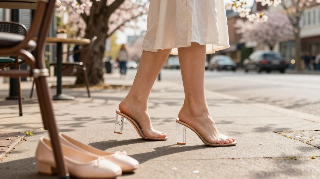 Pieds féminins en talons transparents sur un trottoir urbain, jupe blanche et chaussures plates roses à côté.