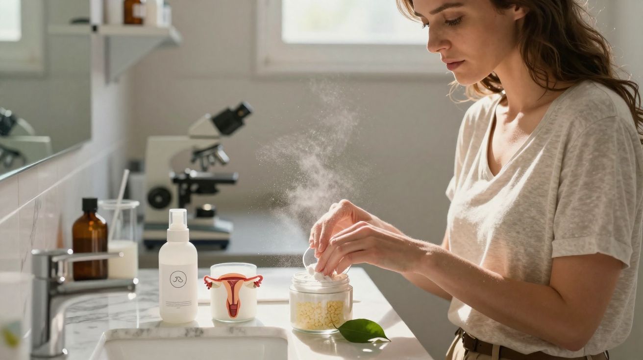 Femme dans un laboratoire manipulant des produits médicaux avec un microscope et modèles anatomiques sur le plan de travail.