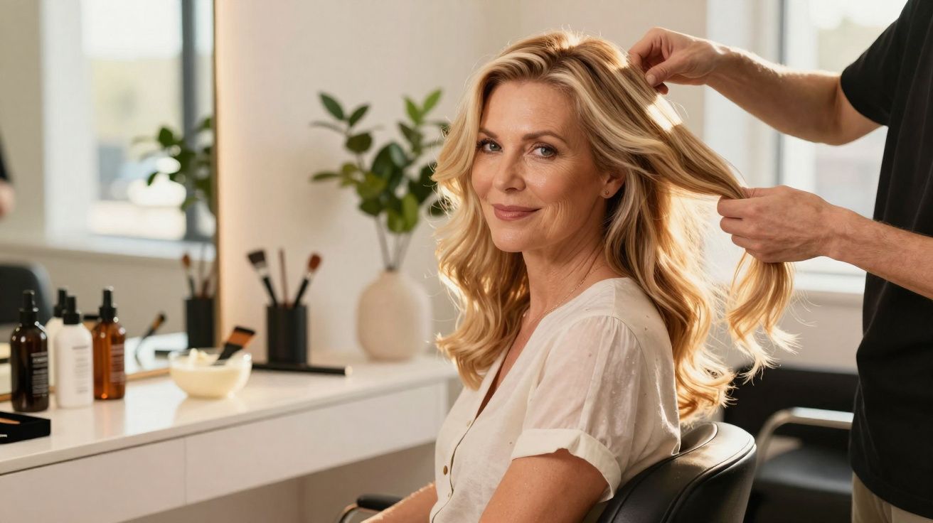 Femme souriante aux cheveux blonds coiffés par un coiffeur dans un salon moderne et lumineux.