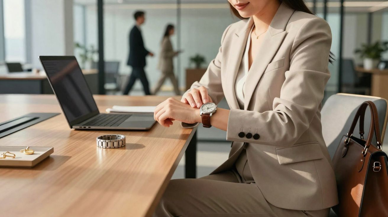 Femme habillée en tailleur beige regarde l'heure sur sa montre au bureau avec un ordinateur portable devant elle.