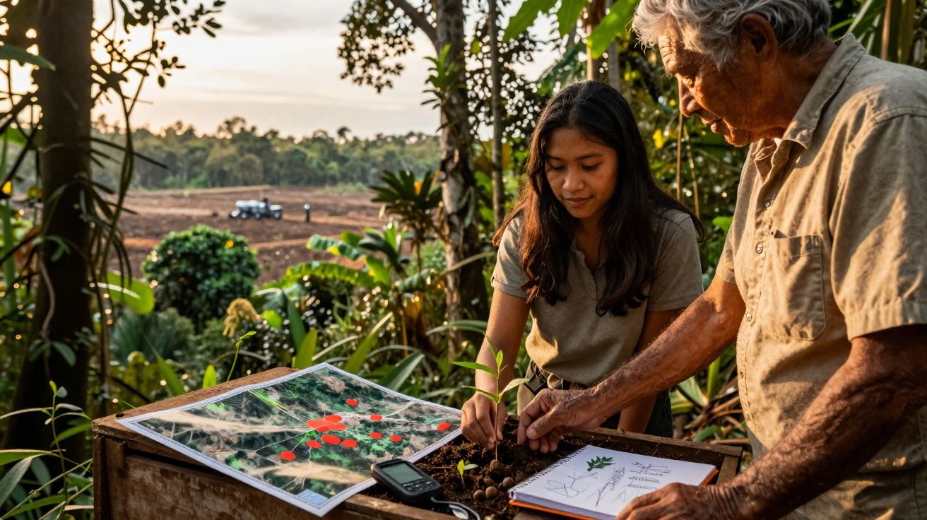 Un homme âgé et une jeune femme analysent des plants et des cartes en plein air dans un environnement agricole.