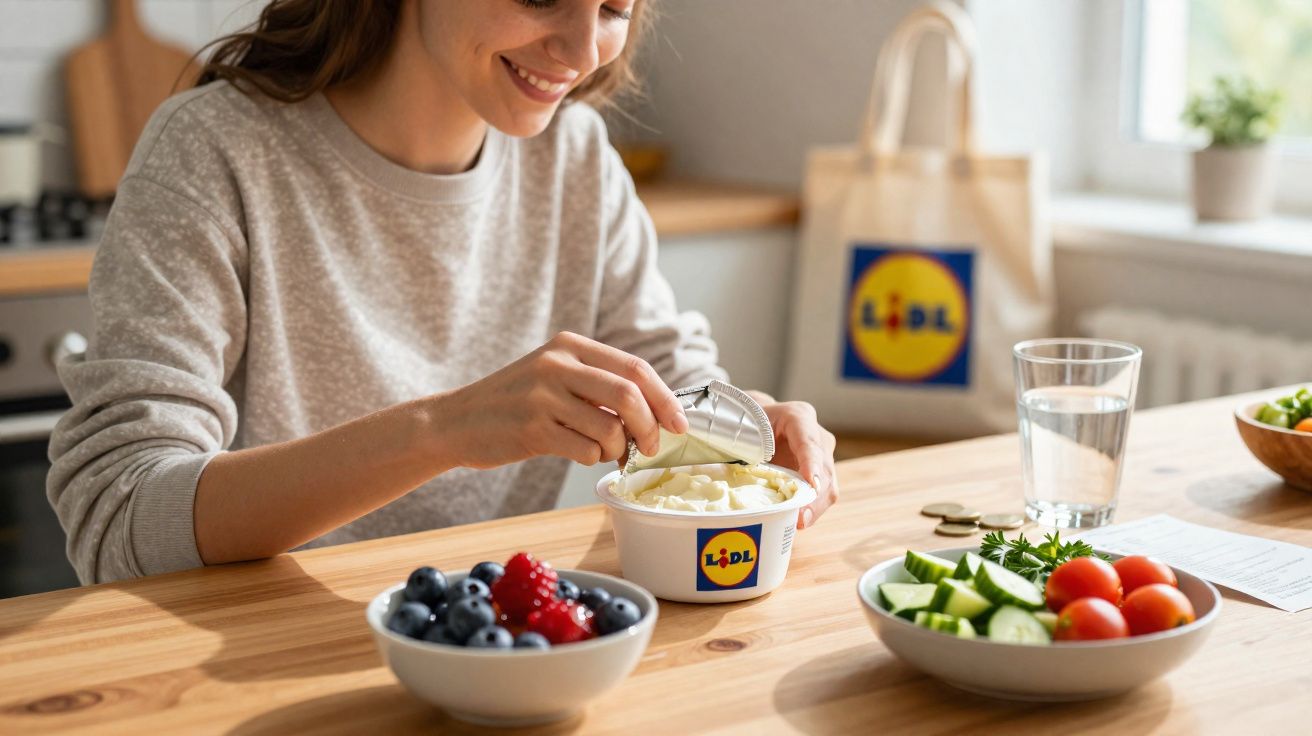 Femme souriante préparant un yaourt avec des fruits et légumes frais sur une table en bois.