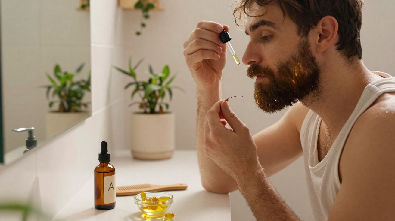 Homme appliquant de l'huile de barbe avec un compte-gouttes devant un miroir dans une salle de bain lumineuse.