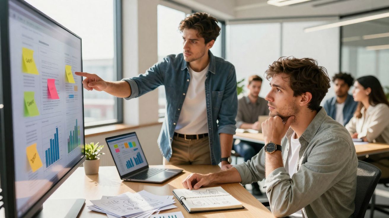 Deux hommes discutant devant un écran avec graphiques et notes dans un bureau collaboratif moderne.