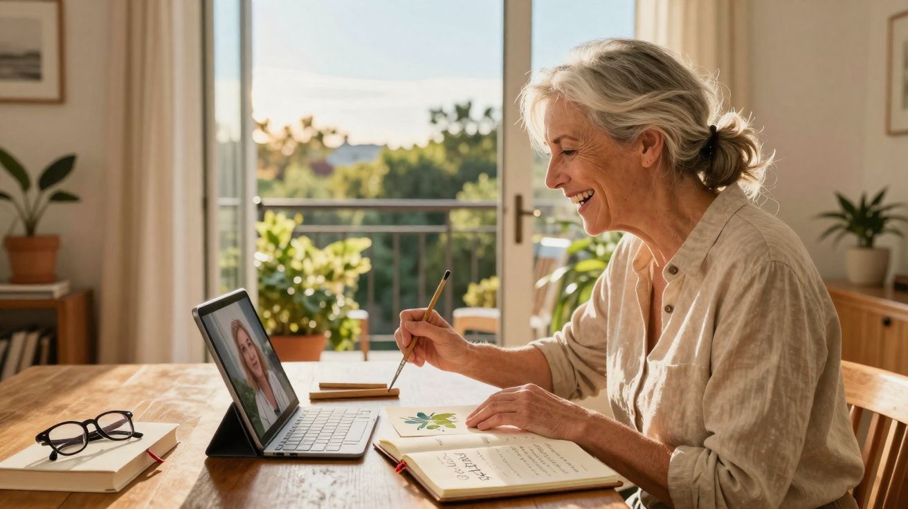 Femme âgée souriante dessinant près d'une tablette avec appel vidéo dans une pièce lumineuse.