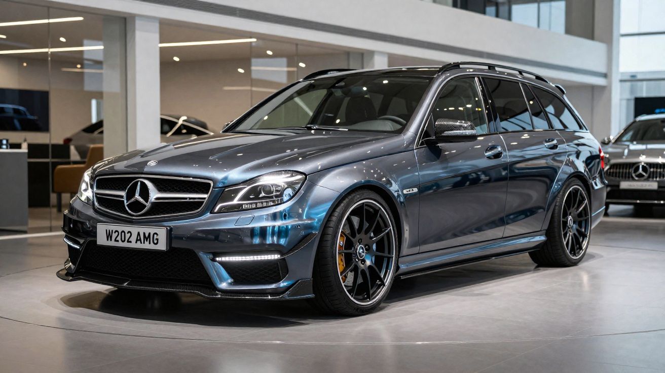 Voiture Mercedes-Benz W202 AMG noire stationnée en intérieur, vue angle avant droit.