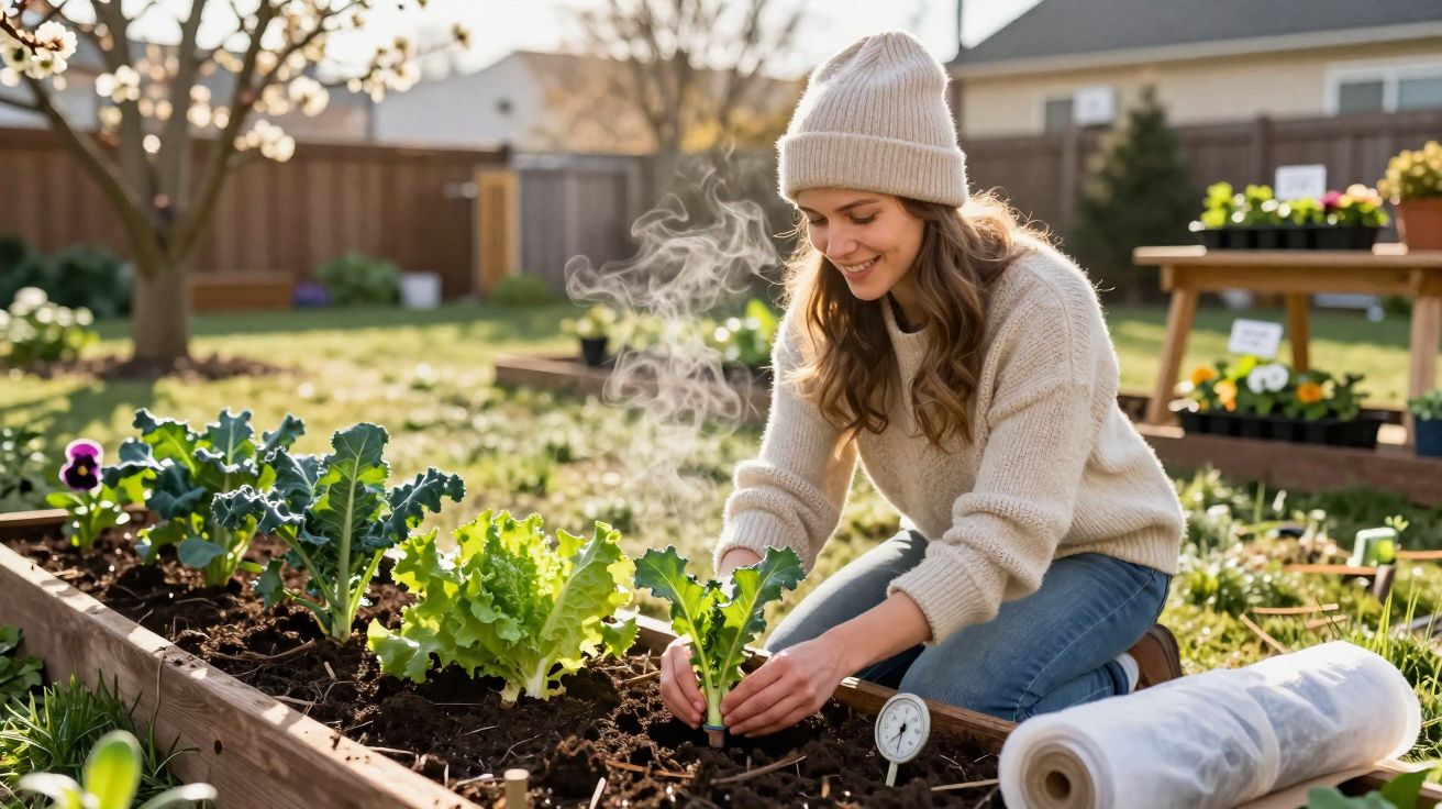 Femme souriante jardinant des légumes dans un potager surélevé par une journée ensoleillée.