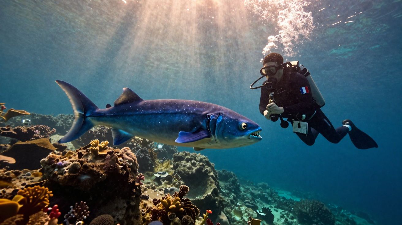 Plongeur équipé observe un grand poisson bleu nageant au-dessus d'un récif corallien sous la lumière du soleil.
