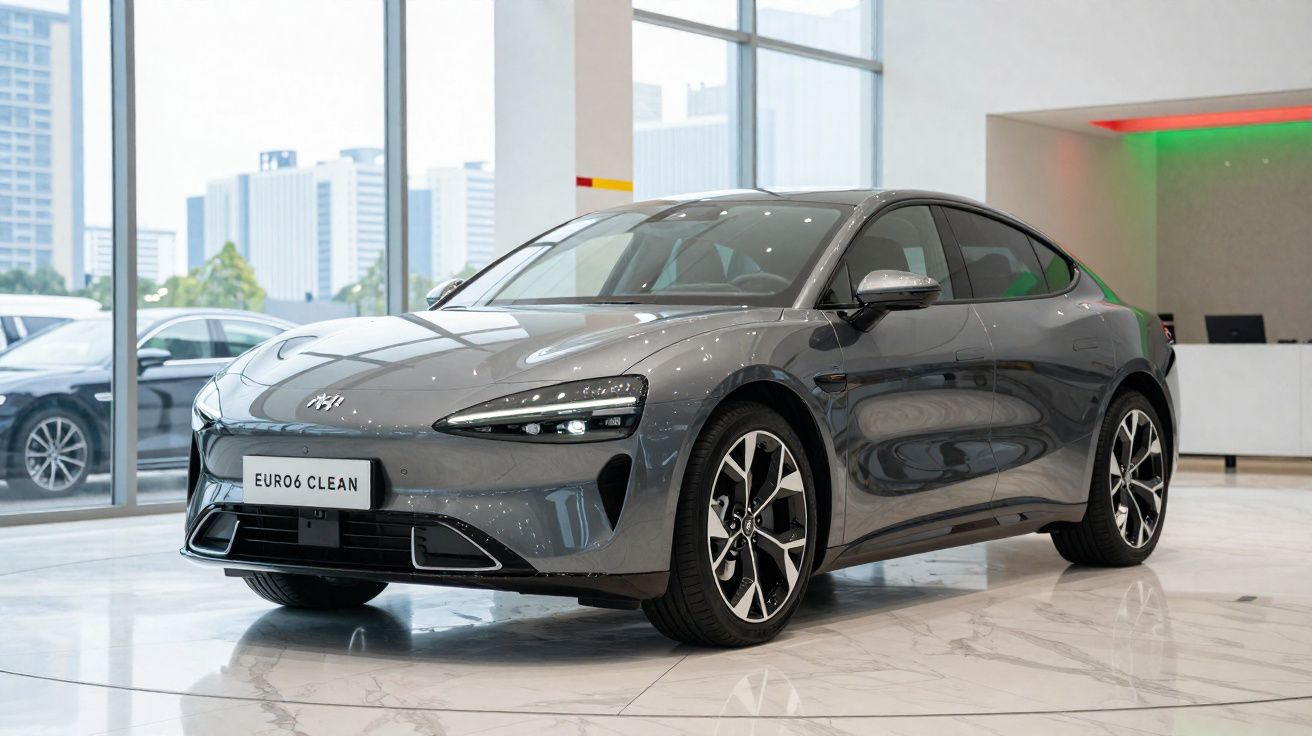 Voiture électrique grise exposée dans un showroom moderne avec sol en marbre et grandes fenêtres.
