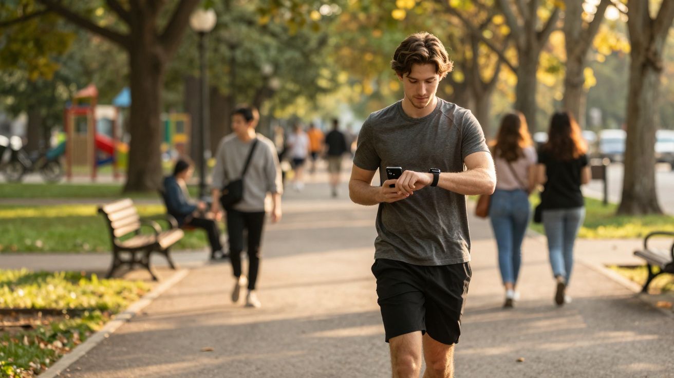 Jeune homme en tenue de sport regardant sa montre connectée en marchant dans un parc animé.