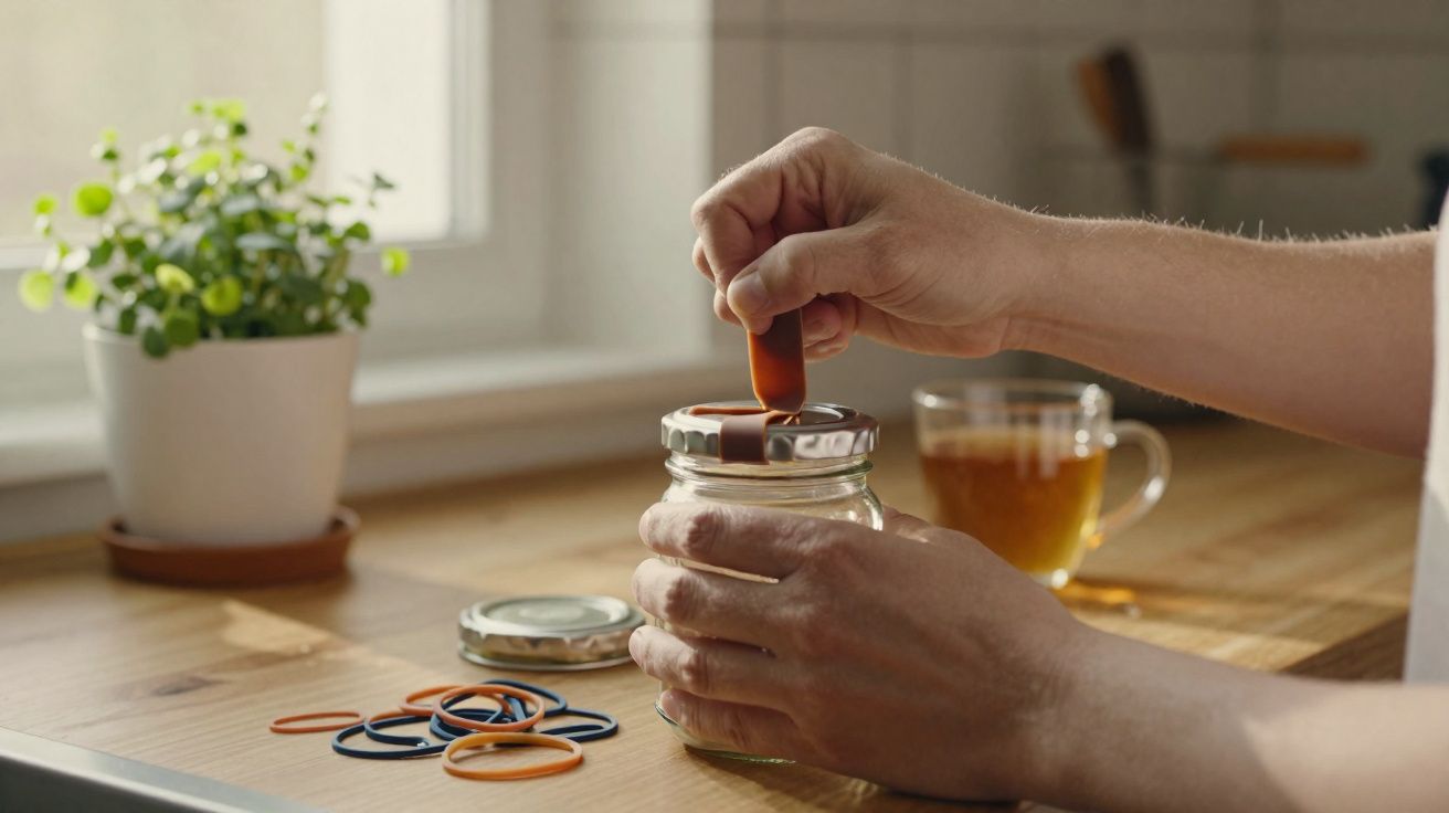 Main plaçant un élastique orange autour du couvercle d'un bocal en verre sur une table en bois.