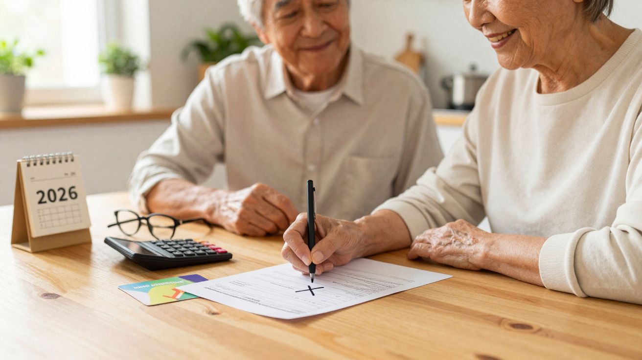 Personnes âgées signant un document avec calculatrice, lunettes et calendrier 2026 sur une table en bois.