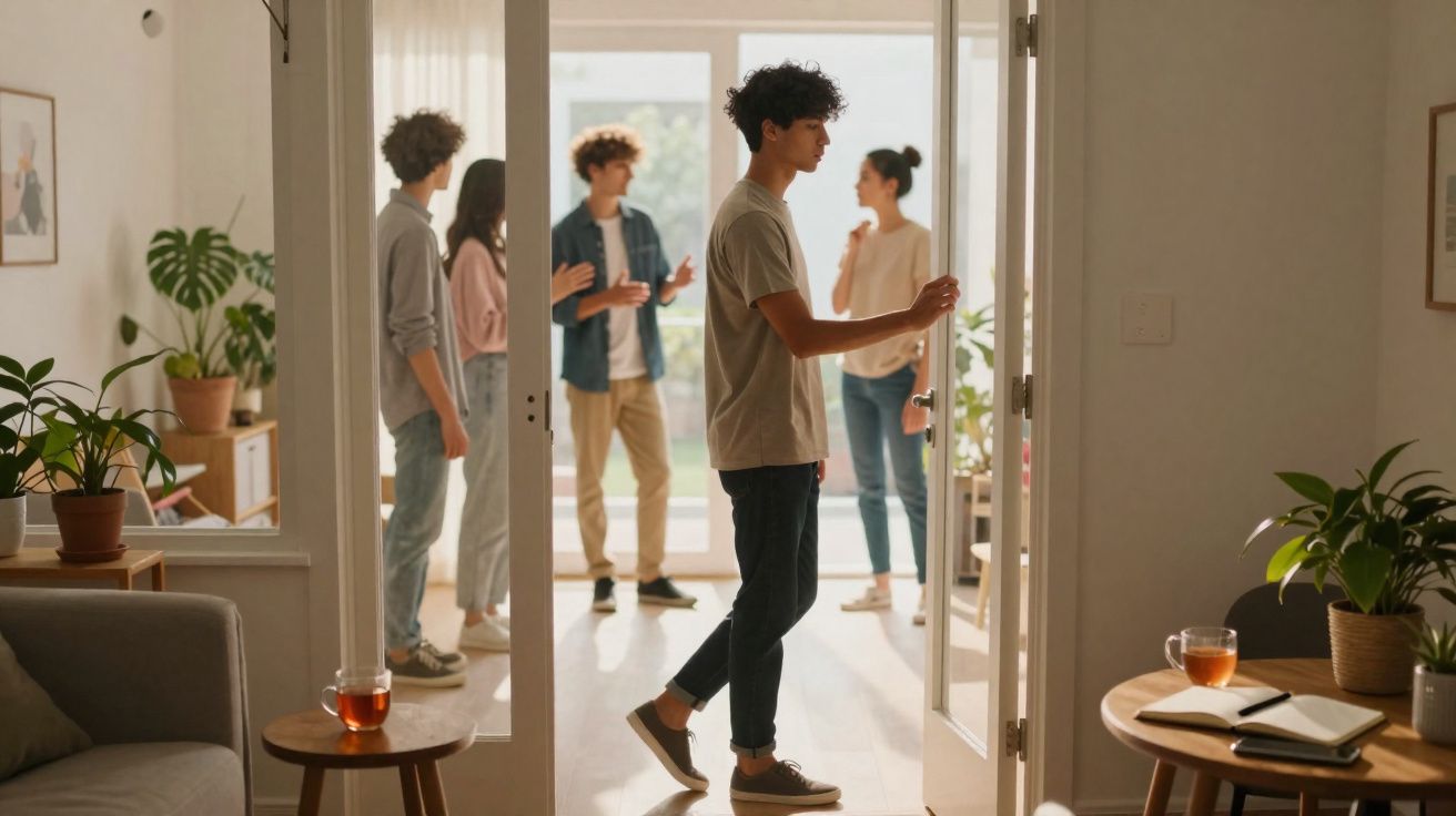 Un jeune homme ouvre la porte d'une pièce où quatre autres personnes discutent debout.