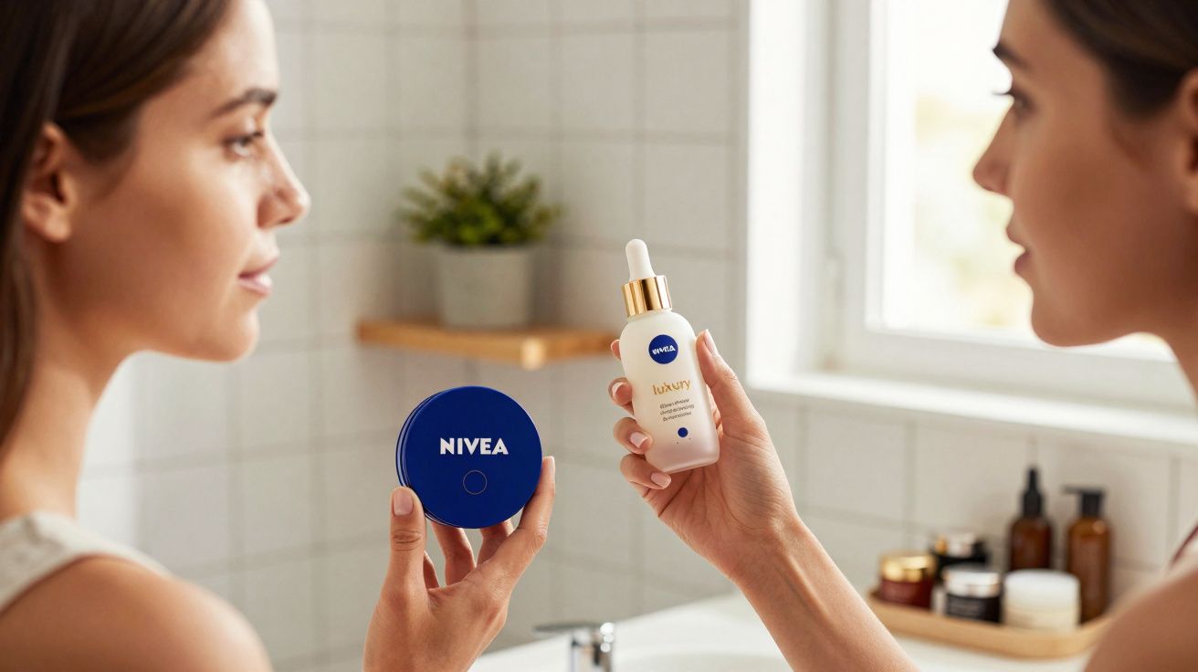 Femme tenant deux produits de soin Nivea devant un miroir dans une salle de bain lumineuse.
