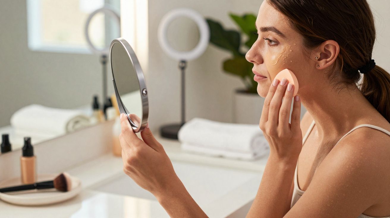 Femme appliquant du fond de teint avec une éponge devant un miroir dans une salle de bain lumineuse.
