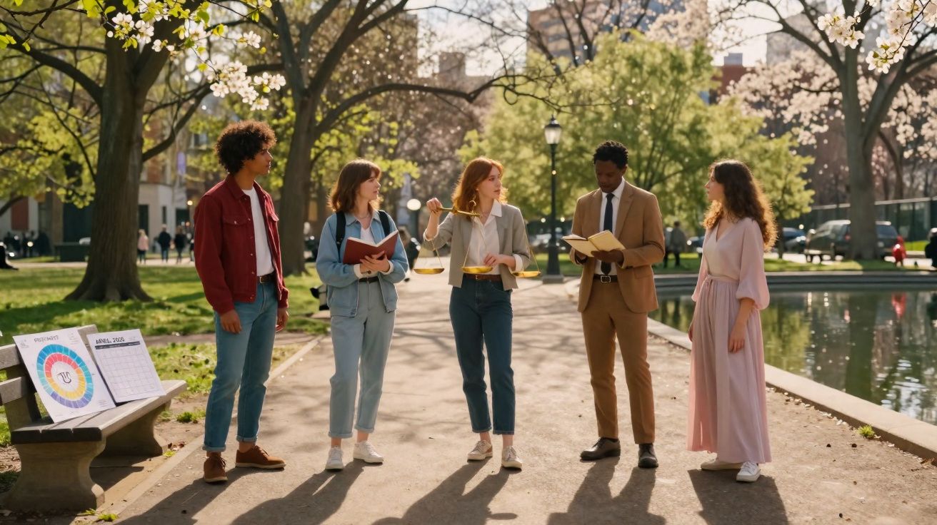Cinq jeunes debout dans un parc au printemps, une femme tient une balance et discute avec les autres.