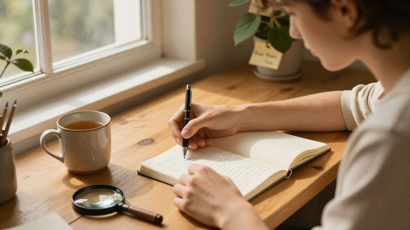 Personne écrivant dans un carnet près d'une tasse de thé, avec une loupe et une plante sur un bureau en bois.