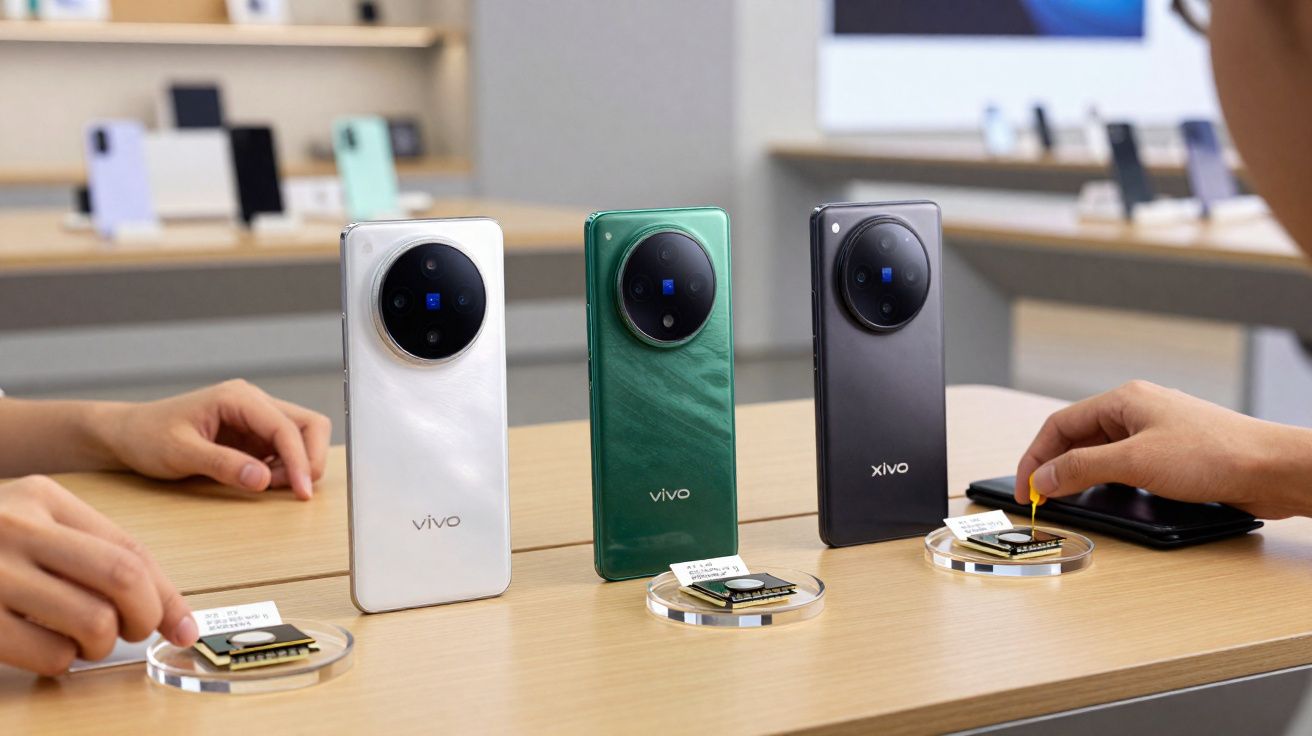 Trois smartphones Vivo de couleurs blanche, verte et noire exposés sur une table en magasin.