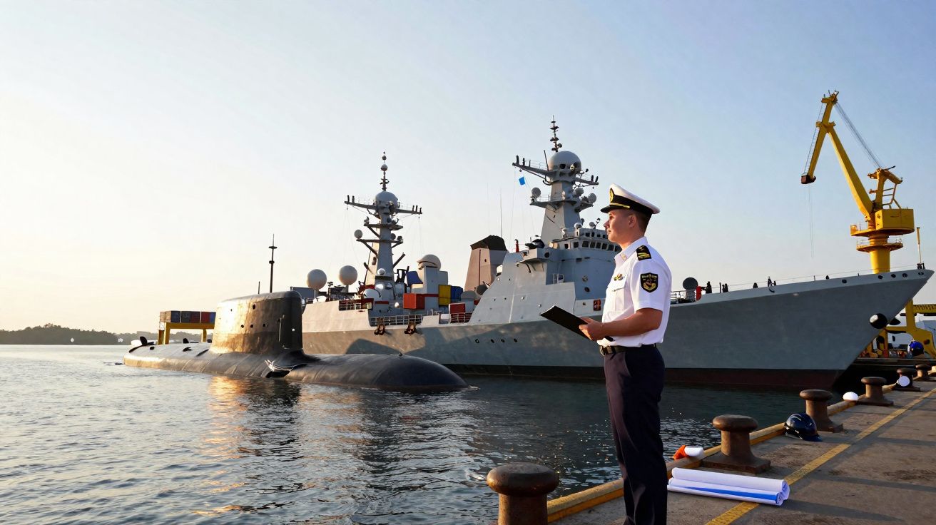 Officier en uniforme debout sur un quai devant un sous-marin et un navire de guerre militaire au port au coucher du soleil.