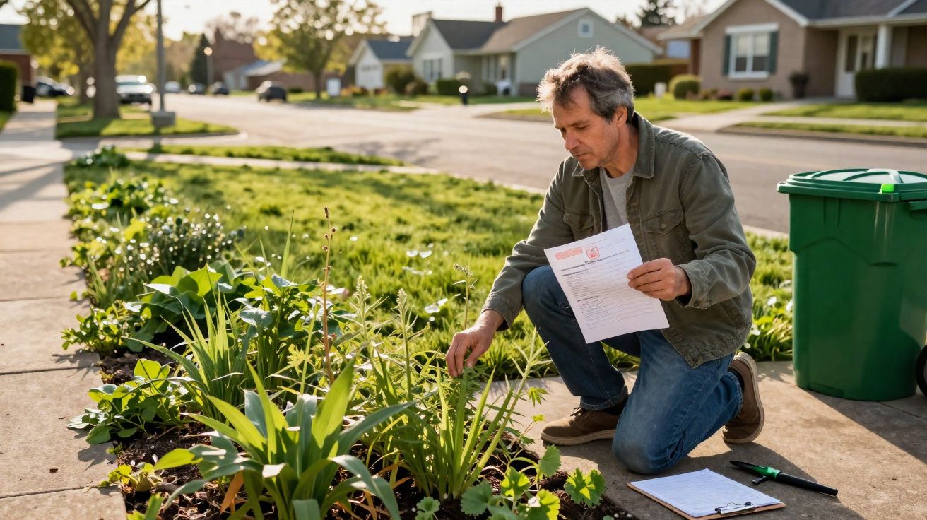 Homme agenouillé dans un jardin en banlieue, tenant un papier et examinant les plantes au soleil.
