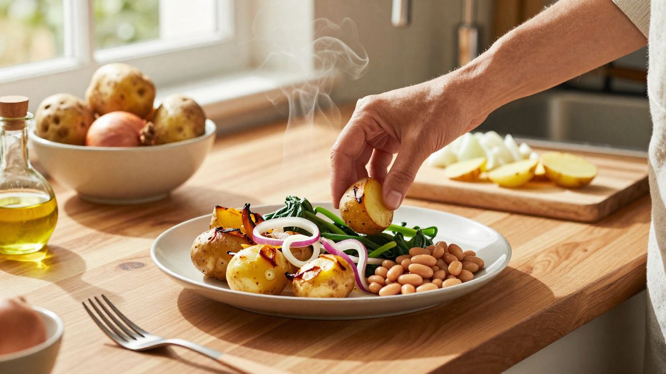 Main posant une pomme de terre chaude sur une assiette avec haricots verts, oignons et haricots blancs.