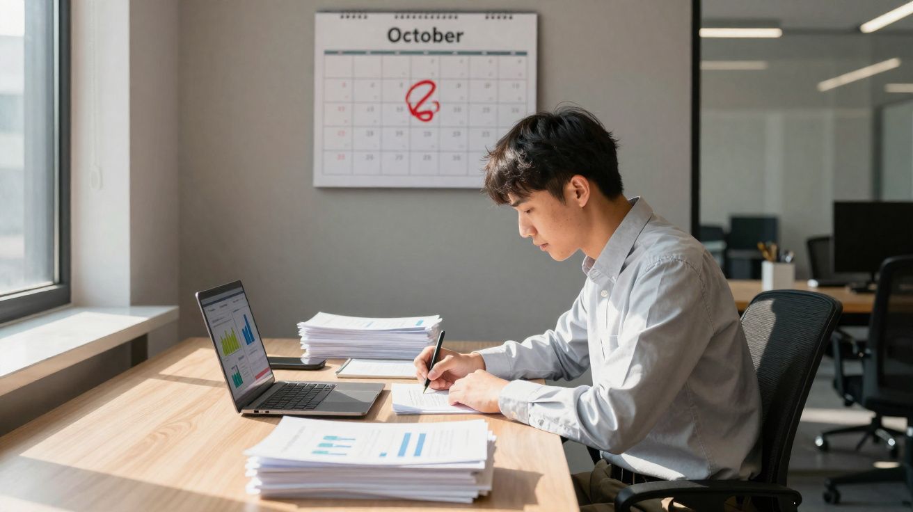 Jeune homme travaillant à son bureau avec ordinateur portable, papiers et calendrier d’octobre en arrière-plan.