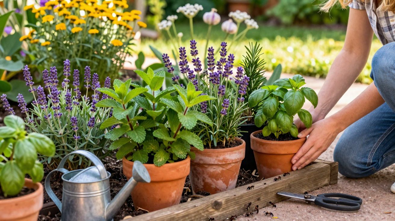 Personne prenant soin de plantes aromatiques en pot dans un jardin ensoleillé avec arrosoir et ciseaux.