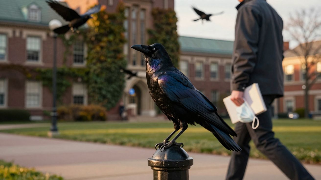 Un corbeau noir perché sur un poteau en métal avec un homme marchant à côté, tenant un masque et un carnet.