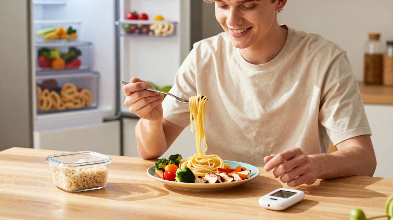 Jeune homme souriant mangeant des pâtes avec légumes à table, avec un glucomètre posé à côté.