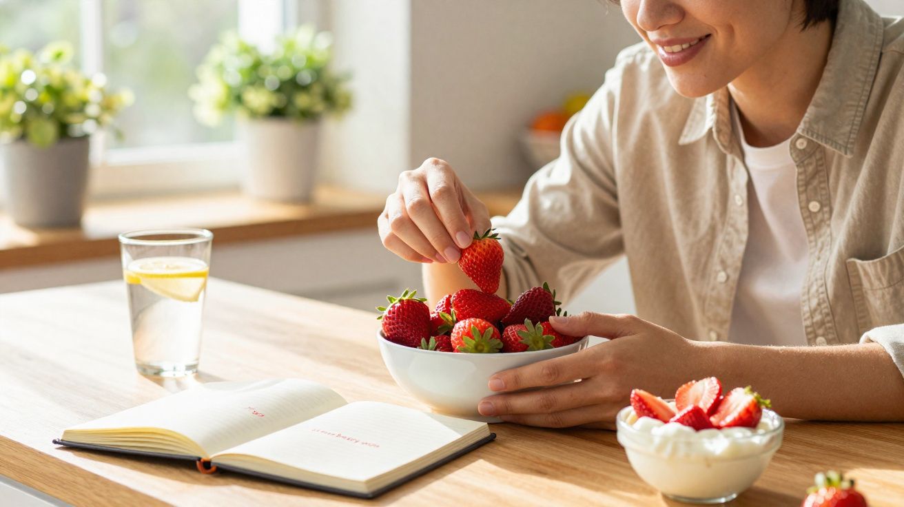 Personne souriante prenant une fraise dans un bol, avec un carnet, un verre d'eau et un dessert aux fraises sur la table.