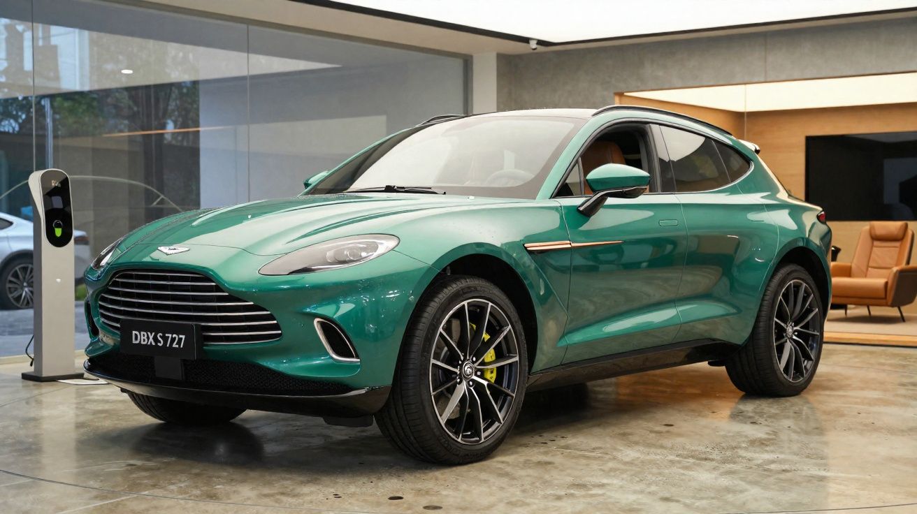 Voiture électrique sportive verte Aston Martin DBX S727 exposée dans un showroom moderne avec borne de recharge.