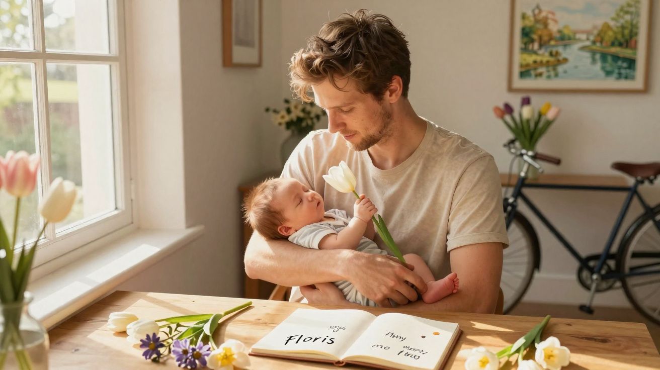 Un homme tient tendrement un bébé endormi tenant une tulipe blanche près d'une fenêtre lumineuse.