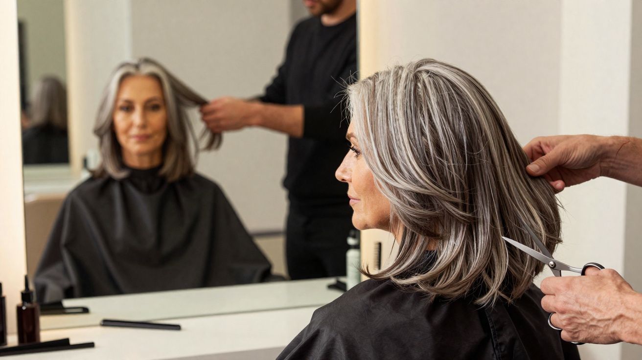 Femme aux cheveux gris coupés par un coiffeur dans un salon, reflet dans le miroir devant elle.