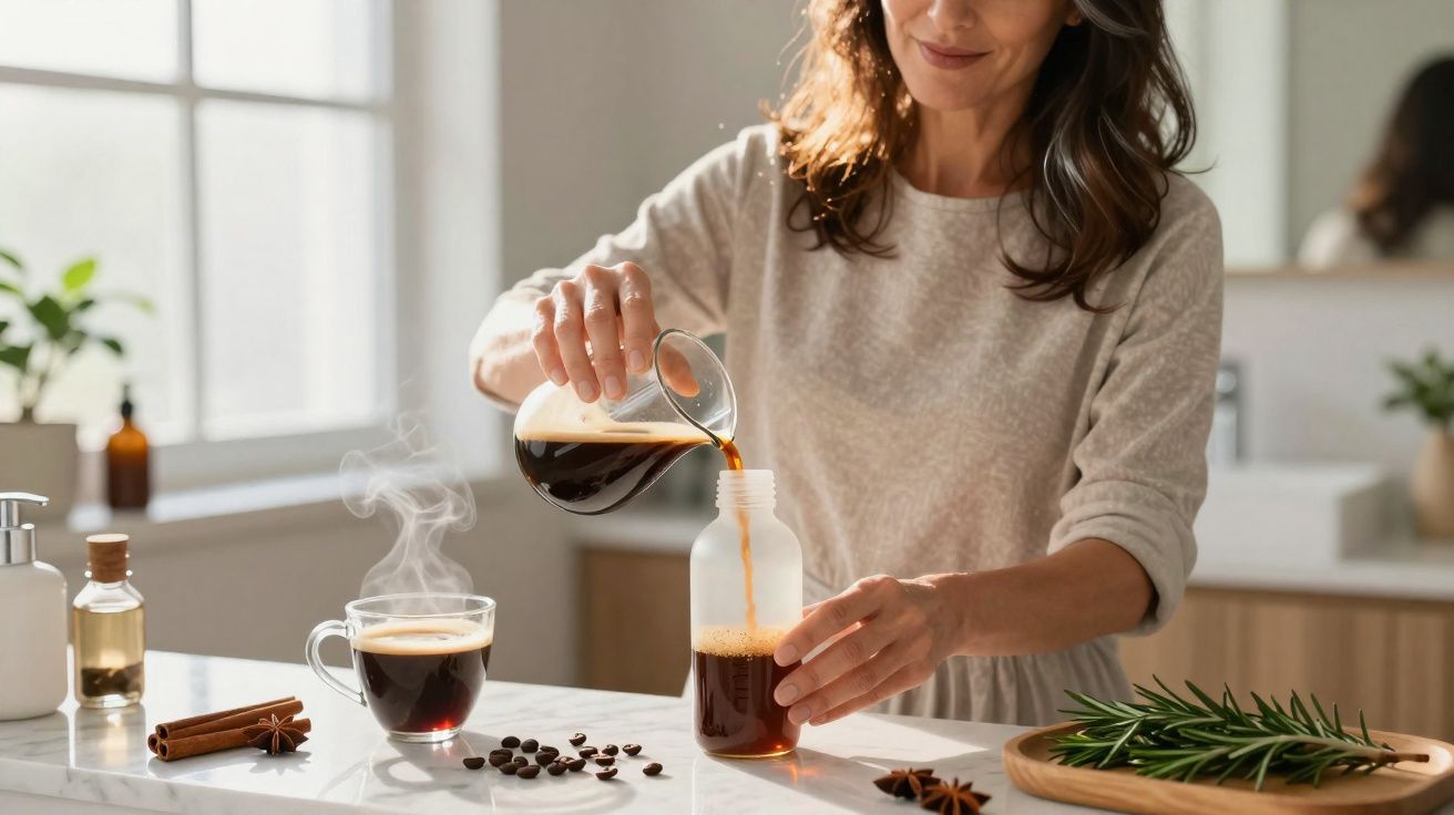 Femme versant du café chaud dans une bouteille en verre dans une cuisine lumineuse.