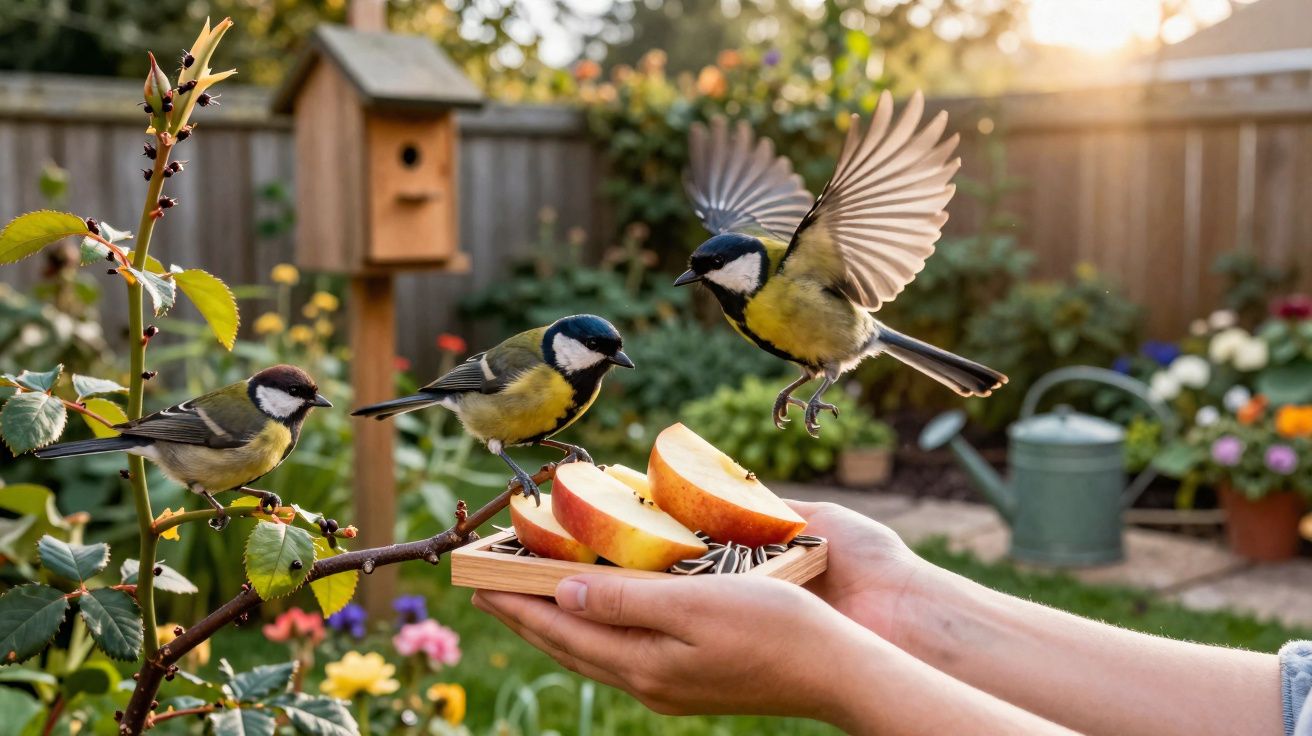 Trois mésanges prennent des graines sur une main avec tranches de pomme dans un jardin fleuri.