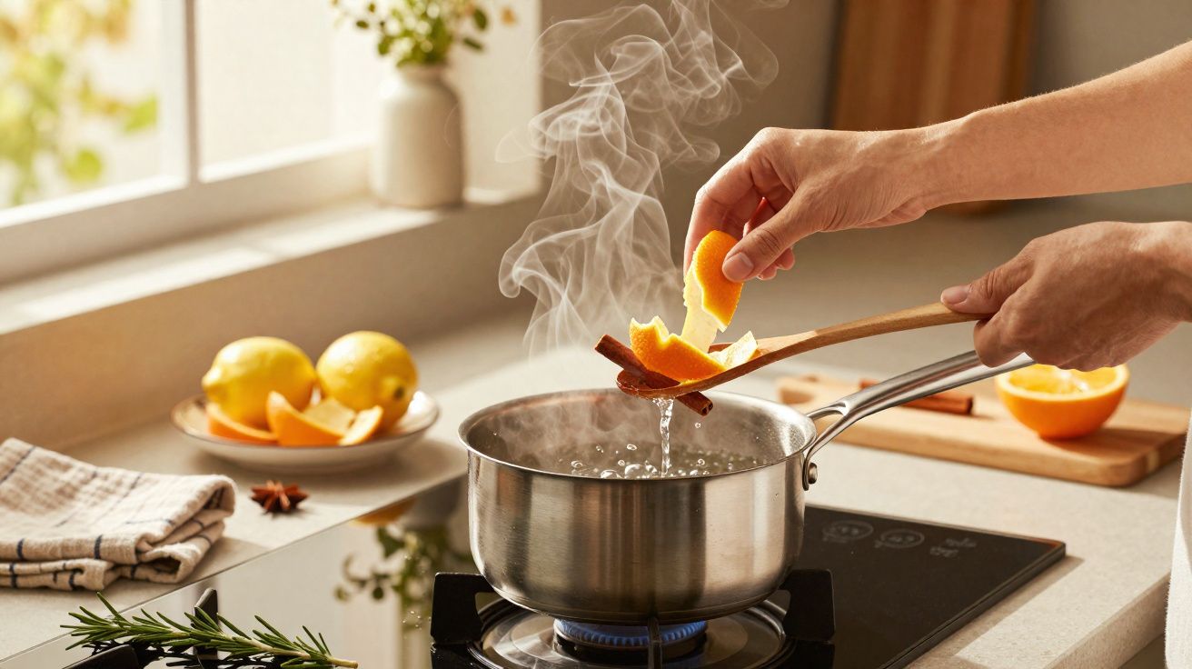 Main ajoutant des écorces d'orange dans une casserole d'eau bouillante sur une plaque de cuisson en cuisine lumineuse.