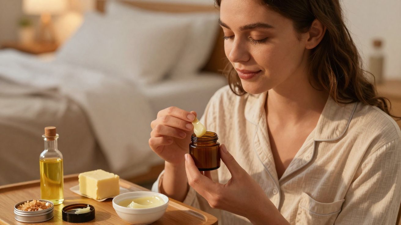 Femme en pyjama appliquant une crème hydratante, ambiance calme avec produits naturels sur une table en bois.