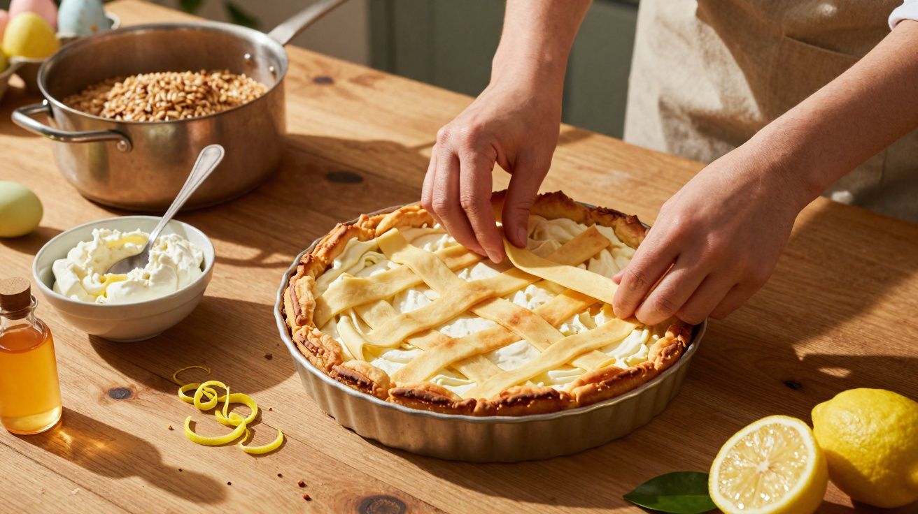 Personne posant une pâte en treillis sur une tarte, avec ingrédients sur une table en bois clair.