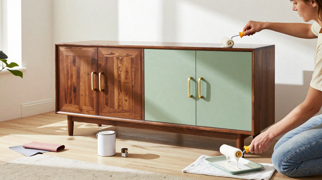 Personne appliquant une peinture verte sur les portes d'un meuble en bois dans une pièce lumineuse.