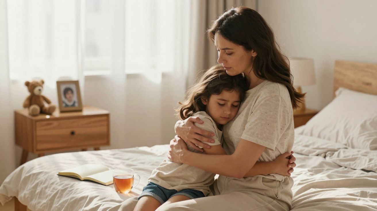 Une mère serre tendrement sa fille dans ses bras sur un lit, ambiance douce et réconfortante.