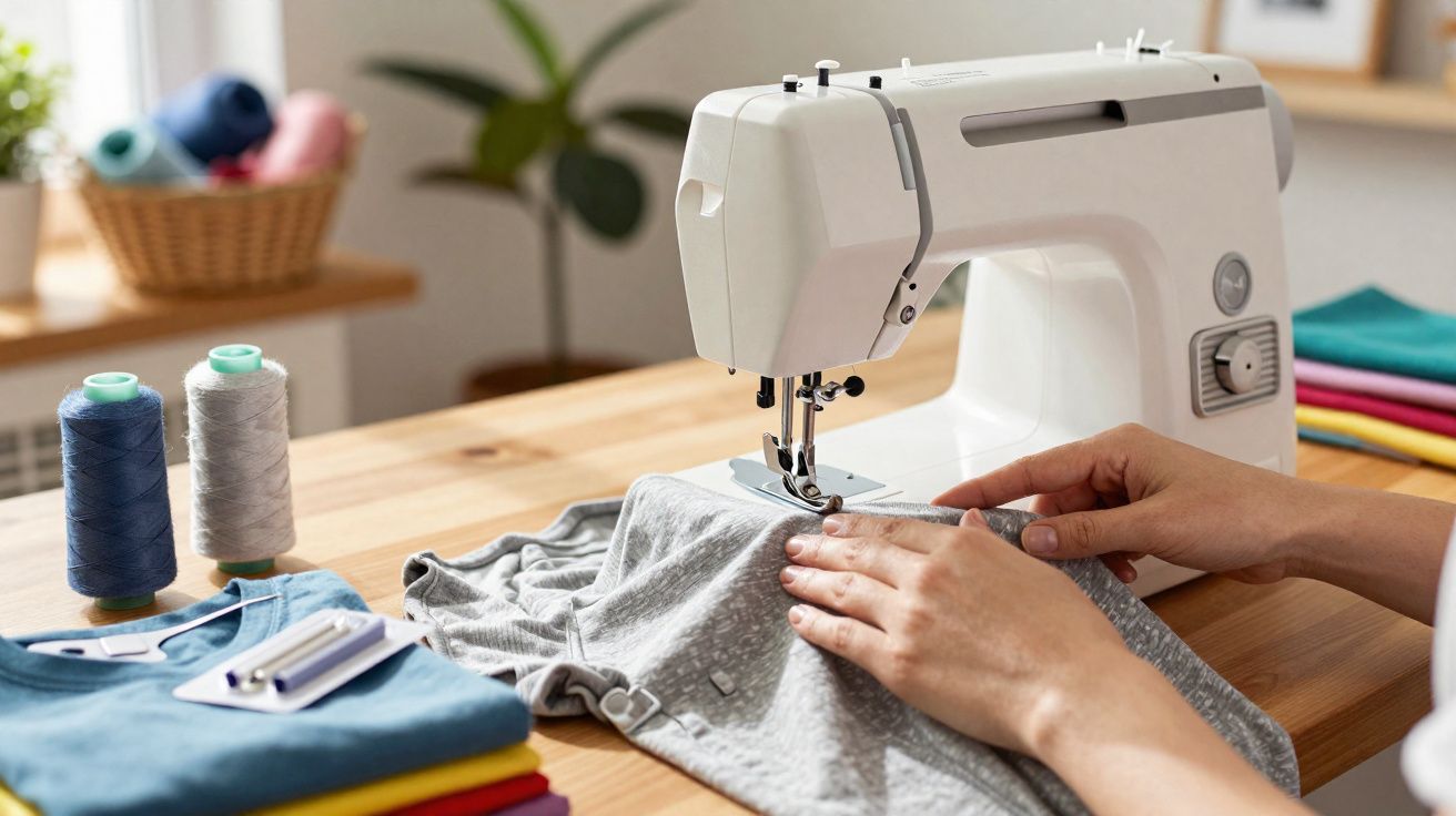 Personne utilisant une machine à coudre pour coudre un tissu gris sur une table en bois avec des pelotes de fil.