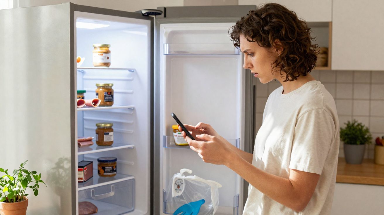 Femme regardant son téléphone devant un réfrigérateur ouvert dans une cuisine moderne.