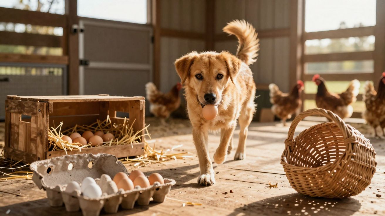 Chien portant un œuf dans la gueule dans une ferme avec poules, panier en osier et caisses d'œufs.
