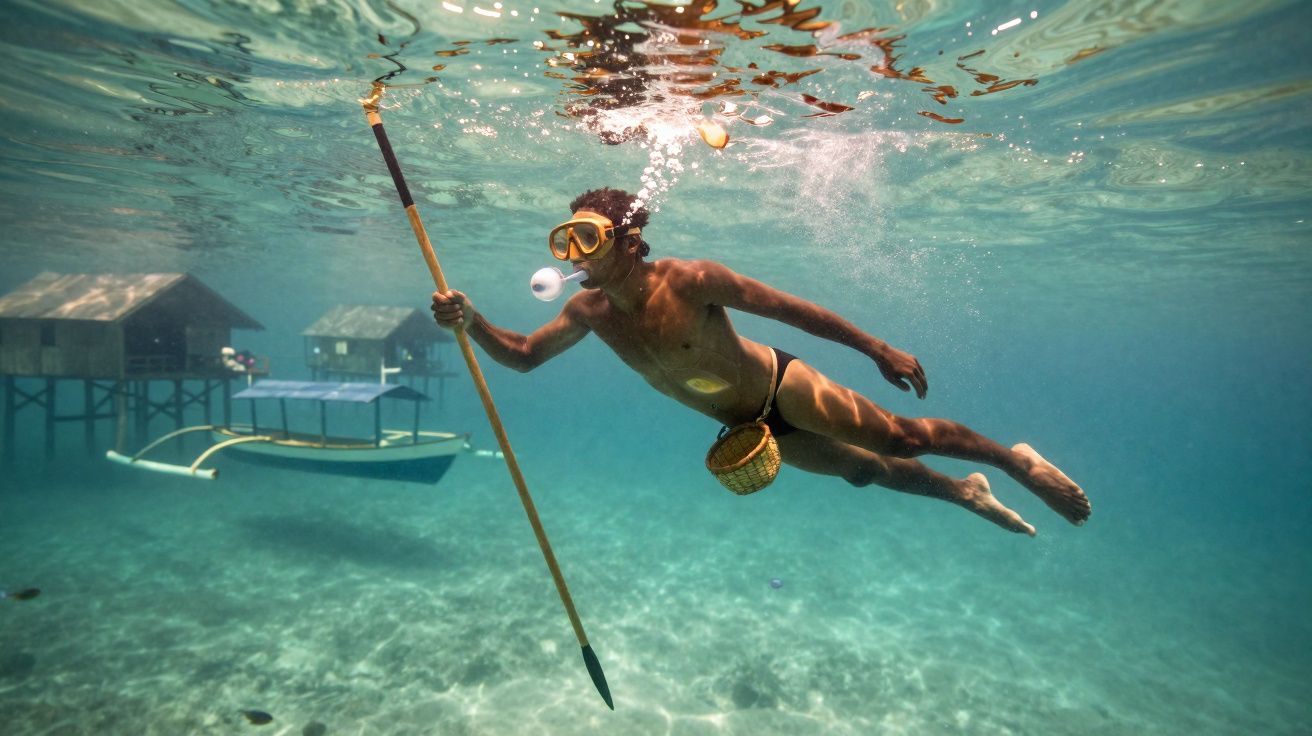 Homme sous-marin avec masque, souffleuse et panier, nageant près du fond marin face à des maisons sur pilotis.