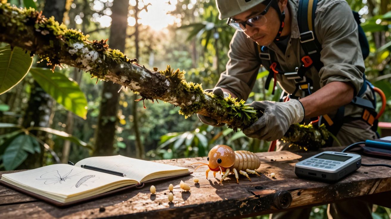 Chercheur en forêt tropicale examinant une branche avec carnet de notes et appareil électronique.
