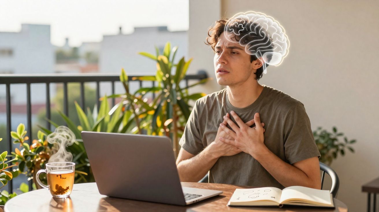 Jeune homme assis à une table avec un ordinateur, se tenant la poitrine, cerveau illustré en surimpression.