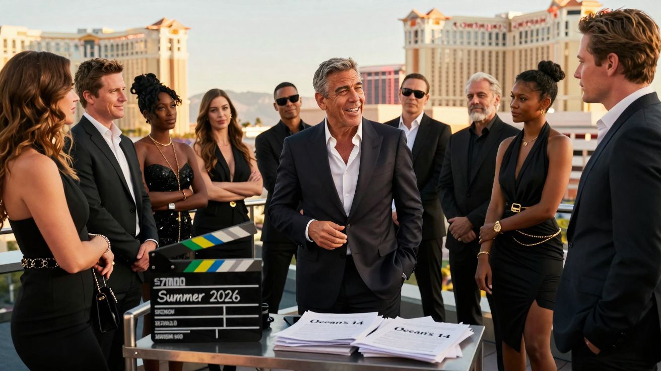 Groupe d'acteurs en tenue élégante discutant sur un plateau de tournage en extérieur devant un hôtel.