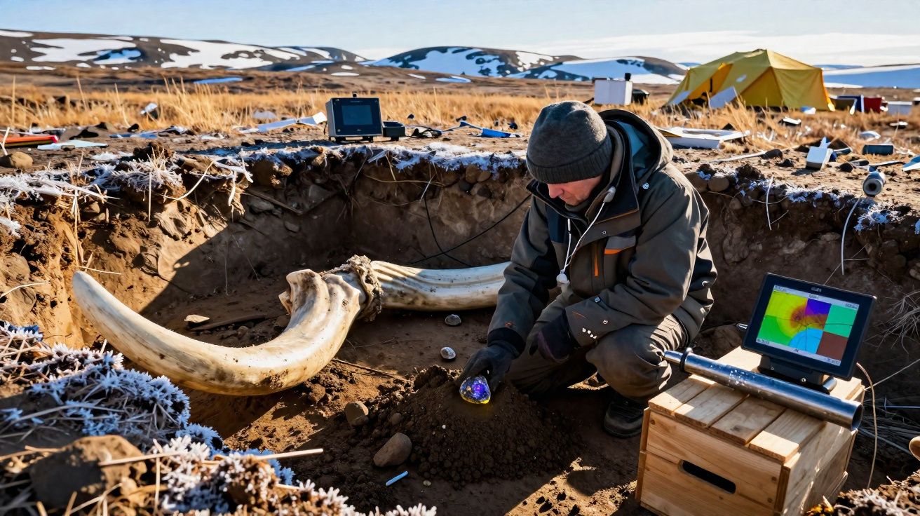Chercheur en fouille archéologique examinant un site avec des ossements de mammouths en plein air.